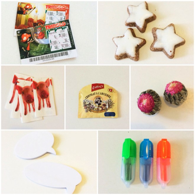 Mes cadeaux du calendrier de l'Avent au bureau : des tickets à gratter (non gagnants), des biscuits de Noël à la cannelle, un paquet de mouchoirs avec des petits cochons (dois-je y voir un message ?), du chocolat à l'ancienne Villars, deux fleurs de thé, des post-it et des mini stabilos